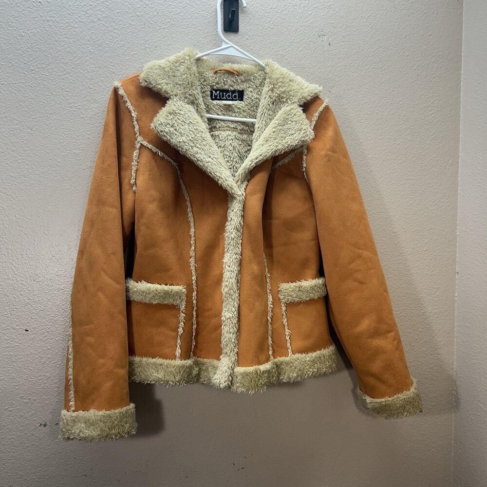 Mudd Y2K 90s Pennylane Coat Jacket Orange‎ Faux Shearling Fur Suede Boho Hippie